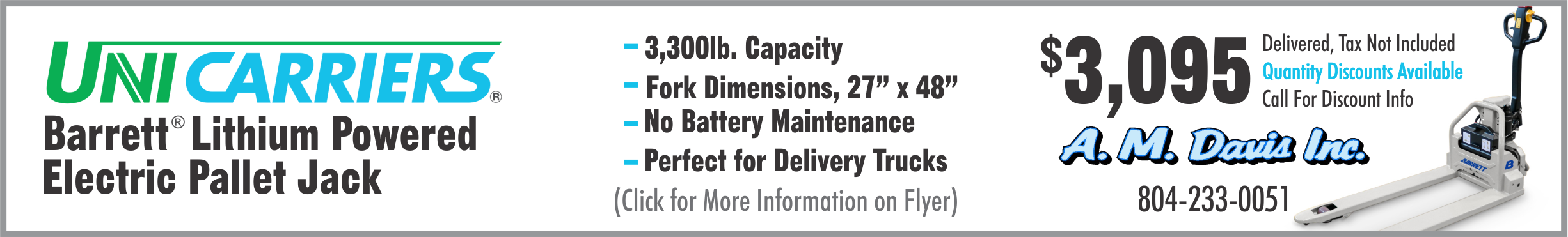 UniCarriers Barrett lithium powered pallet jack flyer